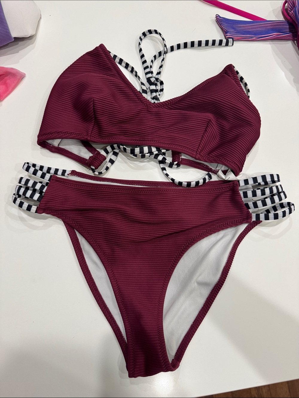 Cupshe bikini maroon and black and white stripe strappy medium